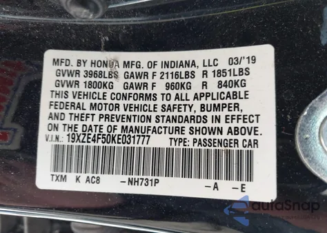 2019 Honda Insight Ex из США, поврежденный, VIN 19XZE4F50KE031777